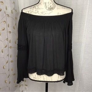 Hollister Black Lace Bell Sleeve Boho Off Shoulder Blouse